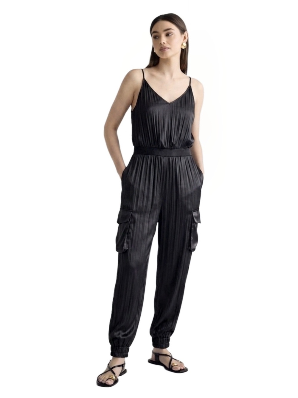 Aqua Black Satin Pleated V-Neck Jumpsuit — Size M